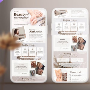 May include: A digital advertisement for a nail artist displayed on a smartphone screen. The design features a soft, neutral color palette with text that reads "Beauty at Your Fingertips" and "Nail Artist." The ad includes images of manicured nails and booking information.