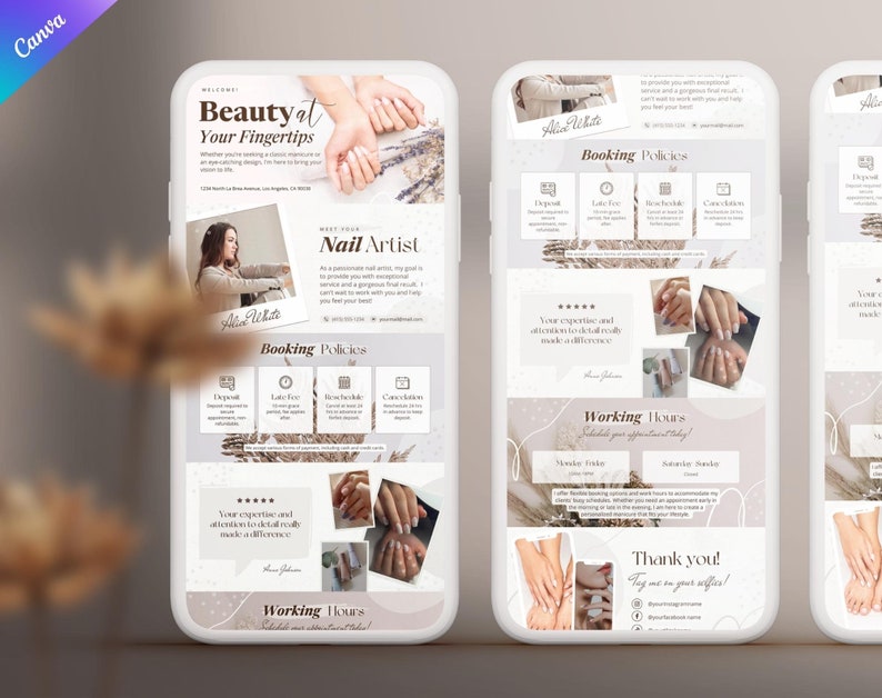 May include: A digital advertisement for a nail artist displayed on a smartphone screen. The design features a soft, neutral color palette with text that reads "Beauty at Your Fingertips" and "Nail Artist." The ad includes images of manicured nails and booking information.