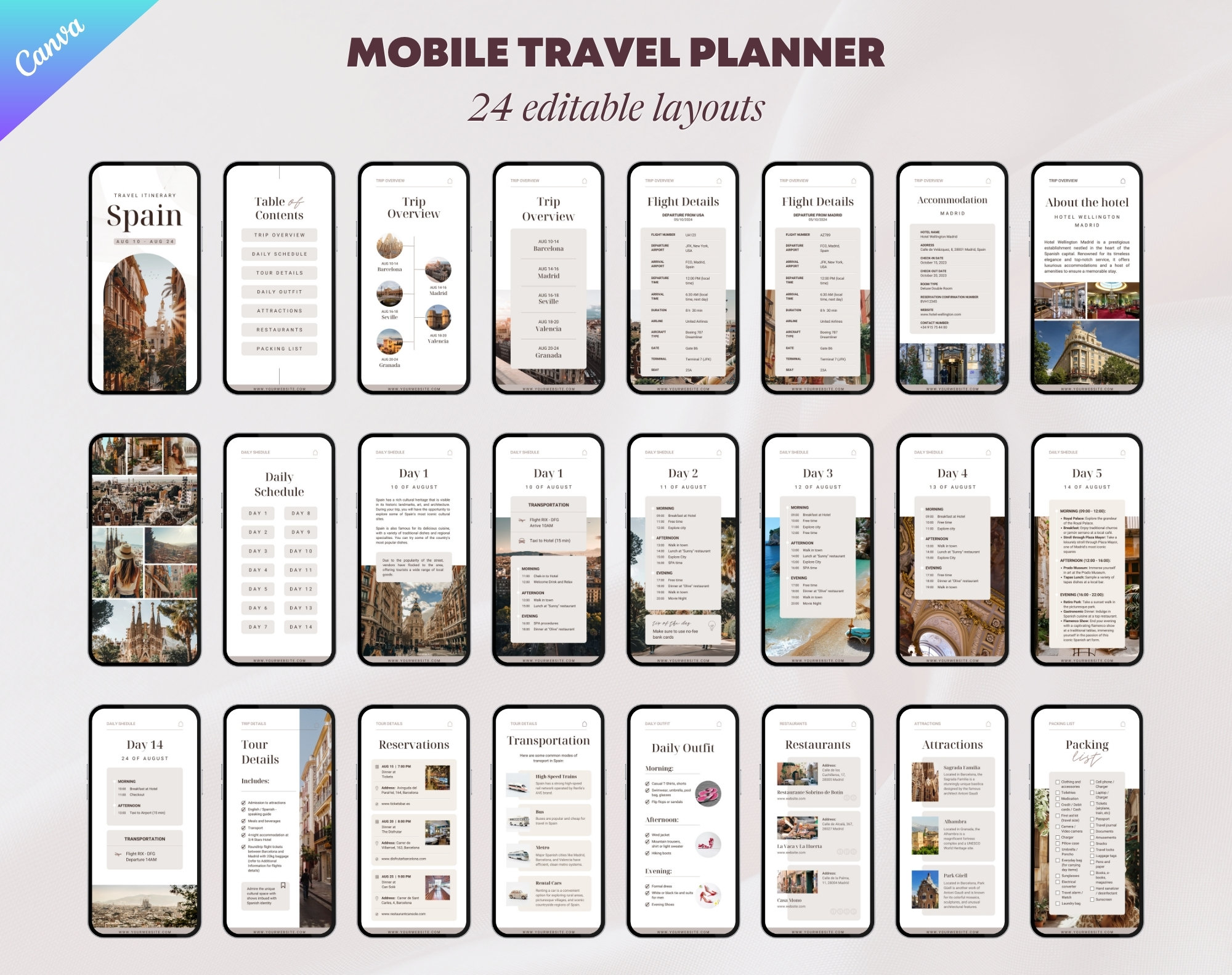 Mobile Travel Itinerary Template: Editable Canva Planner (24 Pages) - Etsy