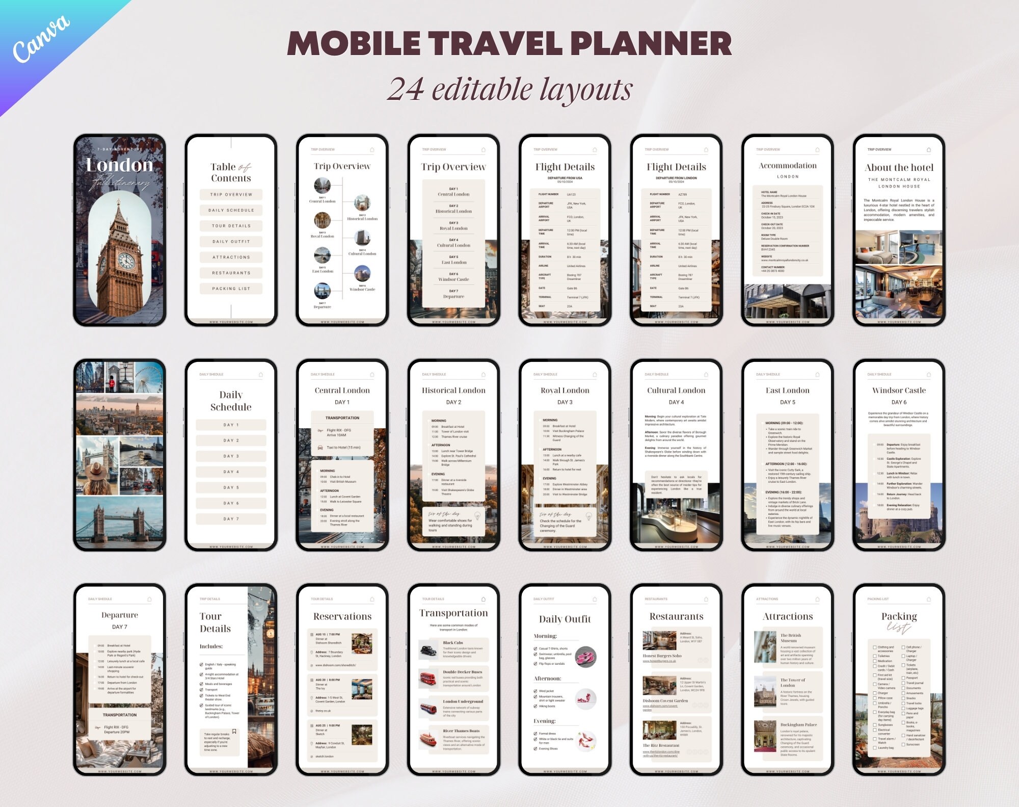 London Travel Itinerary Template. 7 Days Tour Digital Planner. Mobile ...