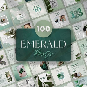 Puede incluir: Un collage de 100 plantillas de publicaciones para redes sociales en tonos verdes y blancos. El texto "100 Emerald Posts" aparece en el centro de la imagen.