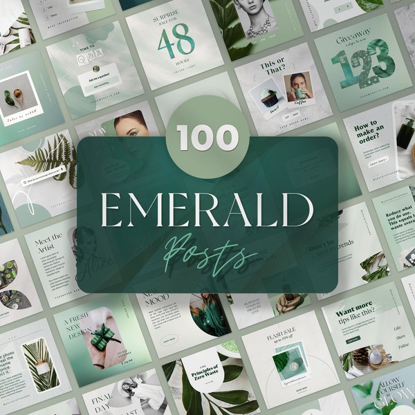 100 Emerald Green Skincare Instagram Post Templates. Canva Editable Healthy Lifestyle Aesthetic Insta Feed. Engagement Mint Social Media