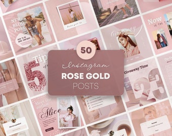Könnte beinhalten: Eine Sammlung von 50 Instagram-Post-Vorlagen in Roségold und Rosa. Die Vorlagen bieten verschiedene Designs, darunter Text, Bilder und Grafiken. Der Text enthält Sätze wie "Neuer Blogbeitrag", "Gewinnspielzeit" und "Tipps des Tages".