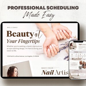 May include: A digital advertisement for a nail artist, displayed on a tablet and a smartphone. The tablet shows the text "Beauty at Your Fingertips" with a photo of manicured hands. The smartphone displays a booking interface.