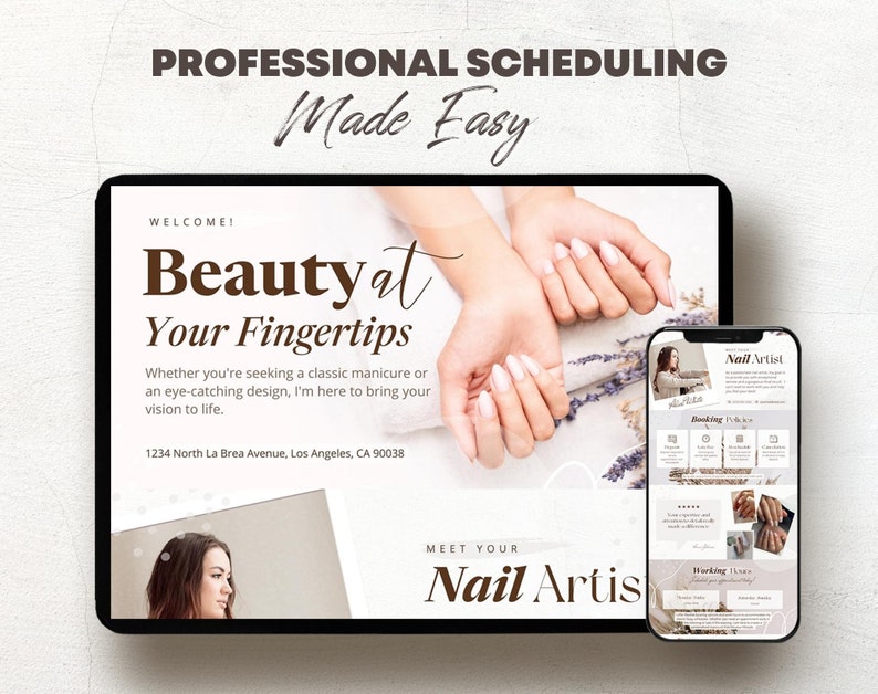 May include: A digital advertisement for a nail artist, displayed on a tablet and a smartphone. The tablet shows the text "Beauty at Your Fingertips" with a photo of manicured hands. The smartphone displays a booking interface.