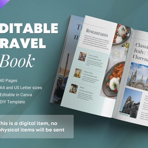 Travel itinerary ebook guide template. Travel agent lead magnet booklet. Digital magazine. Blue color design editable in Canva.