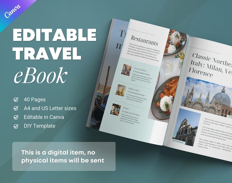 Travel itinerary ebook guide template. Travel agent lead magnet booklet. Digital magazine. Blue color design editable in Canva.