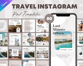 May include: A collage of 80 Instagram post templates for travel businesses. The templates feature images of beaches, hotels, and other travel destinations. The text on the templates includes phrases like "Last Minute Offers", "Dream Holidays", and "Great Deal".