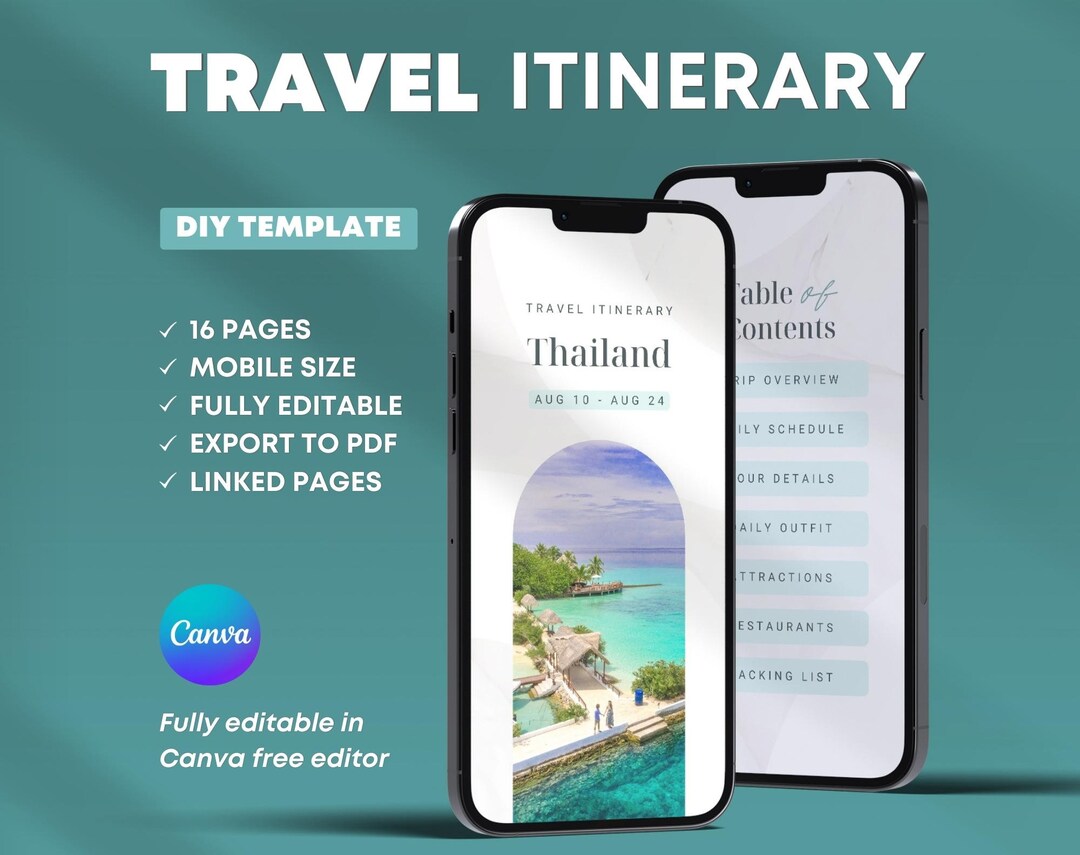 Mobile Travel Itinerary Template: Editable Canva Trip Planner (16 Pages ...