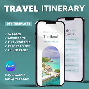 Travel Itinerary Mobile Template. Digital Editable Travel Planner. Canva Trip Organizer. Traveling Guide. Travel Agent Vacation Checklist