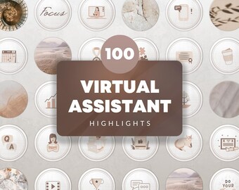 Peut inclure: Graphique de 100 points forts d'assistant virtuel avec des icônes brunes et blanches sur un fond gris clair. Les icônes comprennent un calendrier, une scène de plage, un trophée, un graphique, un point d'interrogation, une femme, un ordinateur portable, un chat, un diplôme, un bouton de lecture, une étoile, une bulle de discussion et une scène de montagne.