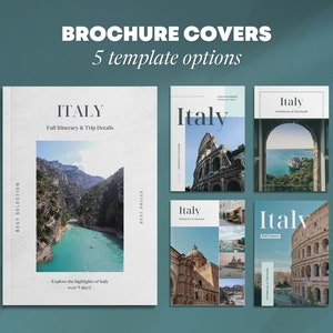 May include: Five brochure cover templates for a trip to Italy. The covers feature different images of Italy, including a canyon, the Colosseum, and a view from a bridge. The text on the covers reads "Italy" and "Full Itinerary & Trip Details".