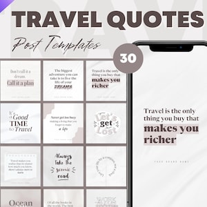 May include: A collection of 30 Instagram post templates with travel quotes. The templates feature a light brown background with white text and a crumpled paper effect. The quotes include "Travel is the only thing you buy that makes you richer", "It's a good time to travel", and "Always take the scenic road".