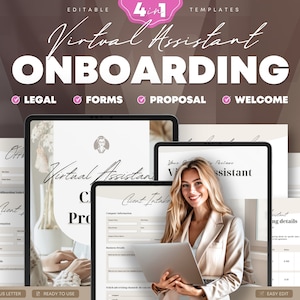 May include: A digital marketing template for onboarding a virtual assistant. The template includes a welcome letter, a client intake form, a proposal, and a legal agreement. The template is ready to use and easy to edit.
