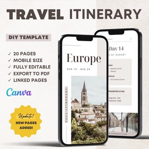 Modelo móvel de itinerário de viagem na Europa. Planejador de turismo de férias editável digital. Canva Weekend Trip Organizer Guia de viagem Agente de férias