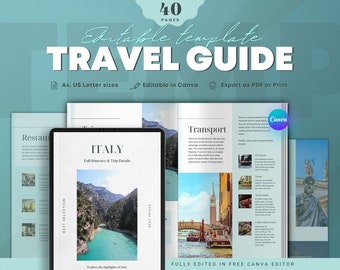 Travel Itinerary Ebook Guide Template. Editable Brochure in Canva. Travel Lead magnet for Travel Agency and Agent. Travel Magazine Blue