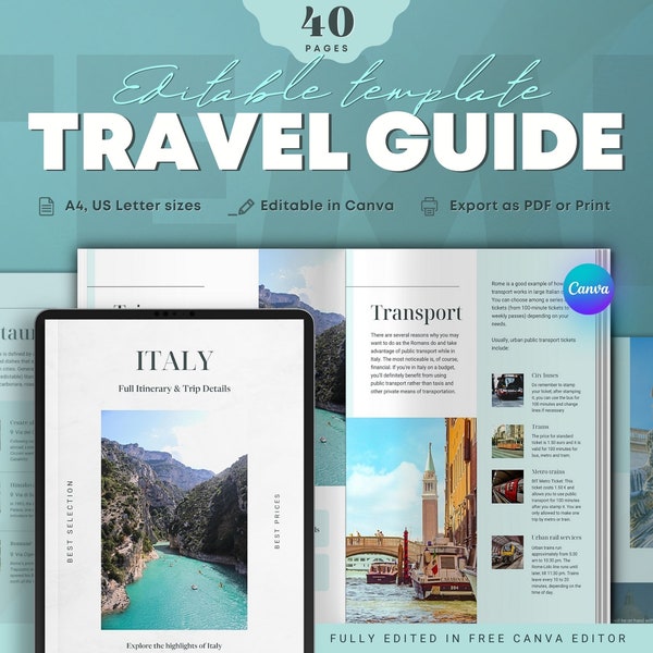 Travel Itinerary Ebook Guide Template. Editable Brochure in Canva. Travel Lead magnet for Travel Agency and Agent. Travel Magazine Blue