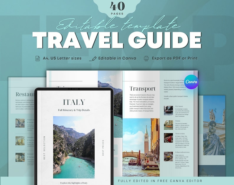 May include: A travel guide template for Italy with 40 pages, editable in Canva and exportable as a PDF or print. The template features a full itinerary and trip details, best selection, best prices, and transport information. The cover image shows a scenic view of a river flowing through a canyon.