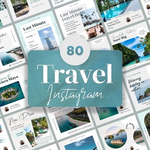 Agente de viagens Blogger Instagram Post Canva Modelo de mídia social editável. Promoção de última hora da agência, oferta de viagem de férias Blue Mint Post.