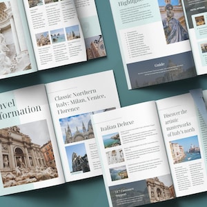 May include: A travel brochure with images of famous landmarks in Italy, including the Trevi Fountain, the Duomo in Florence, and the canals of Venice. The brochure includes information about travel, hotels, and tours.