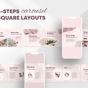 Aesthetic pink Instagram Carousel post templates comes in different categories like:  Product sale, usefull tips and facts, Giweaways carousel, blog posts, testimnials and reviews and others.