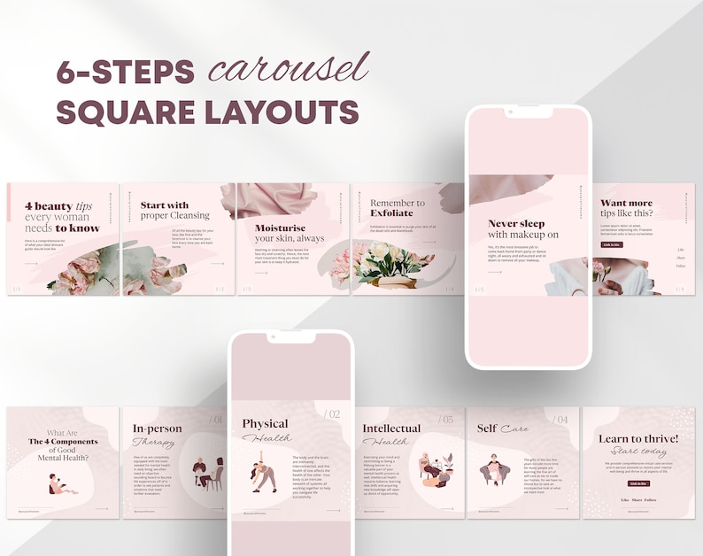 Aesthetic pink Instagram Carousel post templates comes in different categories like:  Product sale, usefull tips and facts, Giweaways carousel, blog posts, testimnials and reviews and others.