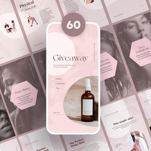 May include: A collection of social media templates in shades of pink and brown. The templates feature text overlays with phrases like "Giveaway," "Physical Health," and "I hate flying." A brown bottle with a white label is also visible.
