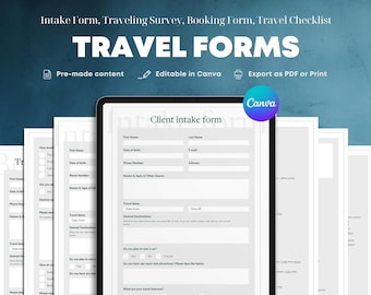 May include: A set of printable travel forms in a gray and white color scheme. The forms include a client intake form, a travel survey, a booking form, and a travel checklist. The forms are editable in Canva and can be exported as a PDF or printed.