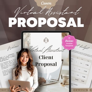 May include: A digital template for a virtual assistant client proposal. The template includes a welcome section, a client proposal section, and a bonus invoice template. The template is ready to use and easy to edit.