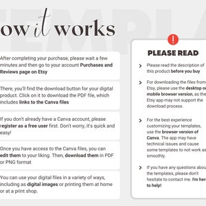 May include: A graphic with the title "How it works" and numbered steps explaining how to download a digital product from Etsy. The steps include downloading a PDF, using Canva, and downloading in PDF or PNG format. There is also a "Please Read" section.