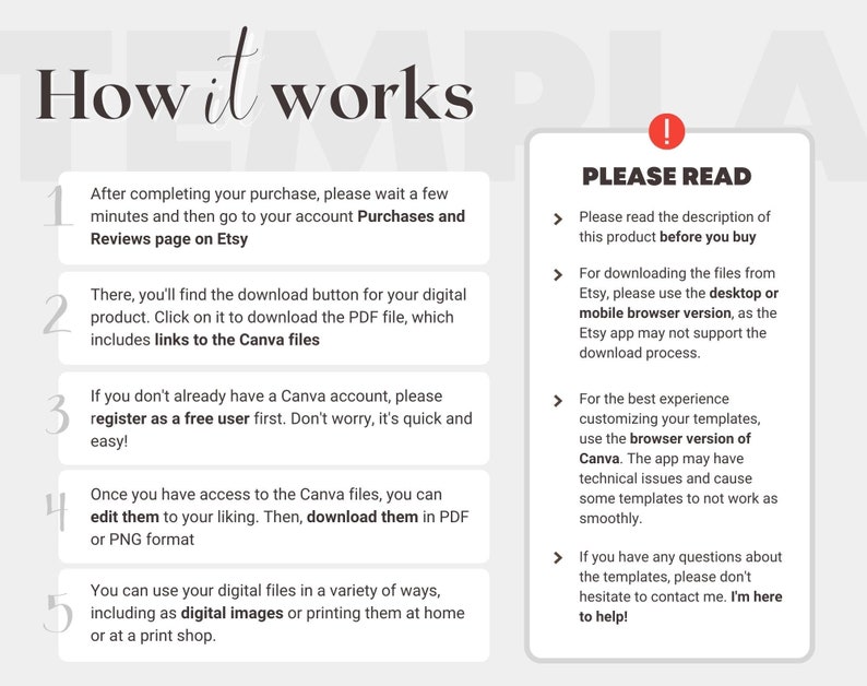 May include: A graphic with the title "How it works" and numbered steps explaining how to download a digital product from Etsy. The steps include downloading a PDF, using Canva, and downloading in PDF or PNG format. There is also a "Please Read" section.