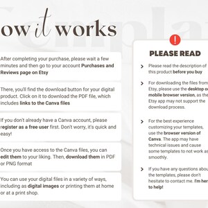 May include: A white background with a numbered list of instructions on how to use Canva templates. The instructions include downloading the files, registering for a Canva account, editing the files, and using the files. The text "PLEASE READ" is in a red exclamation point icon. The text below the icon includes instructions on how to download the files and use the Canva app.