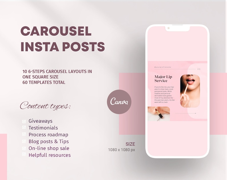 Dusty pink Instagram Carousel templates comes in one square  size - for Instagram feed.