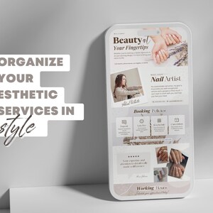 May include: A smartphone screen displays a nail artist's business information. The screen features the text "Beauty at Your Fingertips" and "Nail Artist." The design includes images of manicured nails and a woman. The text "ORGANIZE YOUR ESTHETIC SERVICES IN style" is also present.