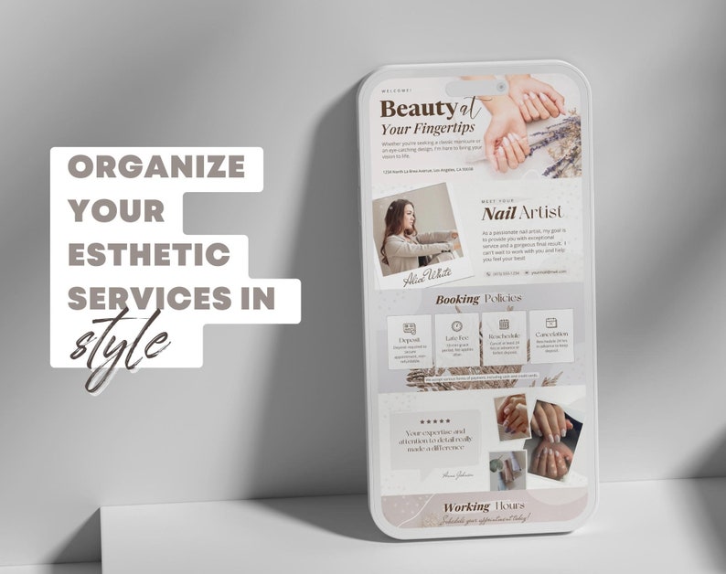 May include: A smartphone screen displays a nail artist's business information. The screen features the text "Beauty at Your Fingertips" and "Nail Artist." The design includes images of manicured nails and a woman. The text "ORGANIZE YOUR ESTHETIC SERVICES IN style" is also present.
