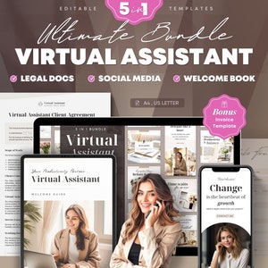 5in1 Virtual Assistant Template Bundle. Service Starter Kit Package. Social Media, eBook Welcome Guide and Legal Agreement Canva Editable.