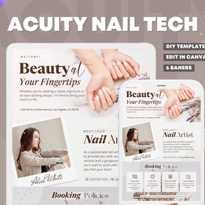 May include: A digital advertisement for a nail artist, featuring the text "ACUITY NAIL TECH" and "Beauty at Your Fingertips." The design includes images of manicured hands and a nail artist's portrait. The ad promotes a DIY template, editable in Canva.