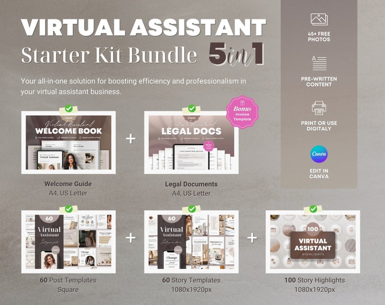 Virtual Assistant Template Bundle: Social Media, Legal Docs, Welcome ...