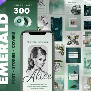 3in1 Emerald Instagram Templates Bundle. Emerald Green Canva Post & Story Pack. Lifestyle Skincare Insta Feed. Engagement Sage Social Media