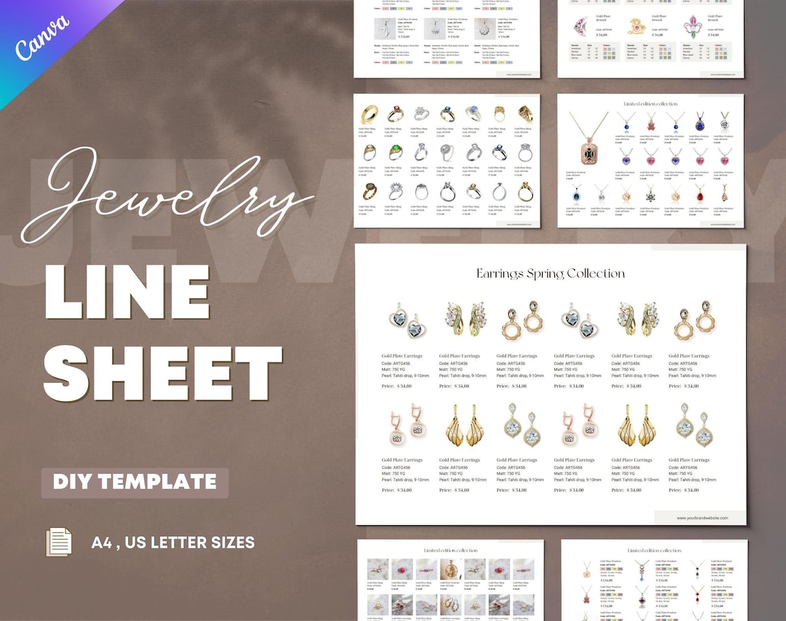 Jewelry Line Sheet Template Product Catalogue. Price List and Service