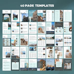 May include: A set of 40 printable page templates for a travel guide to Italy. The templates are designed in a modern style with a light blue and white color scheme. The templates feature images of iconic Italian landmarks, such as the Colosseum and the Leaning Tower of Pisa.