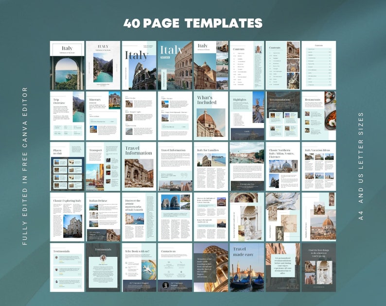 May include: A set of 40 printable page templates for a travel guide to Italy. The templates are designed in a modern style with a light blue and white color scheme. The templates feature images of iconic Italian landmarks, such as the Colosseum and the Leaning Tower of Pisa.