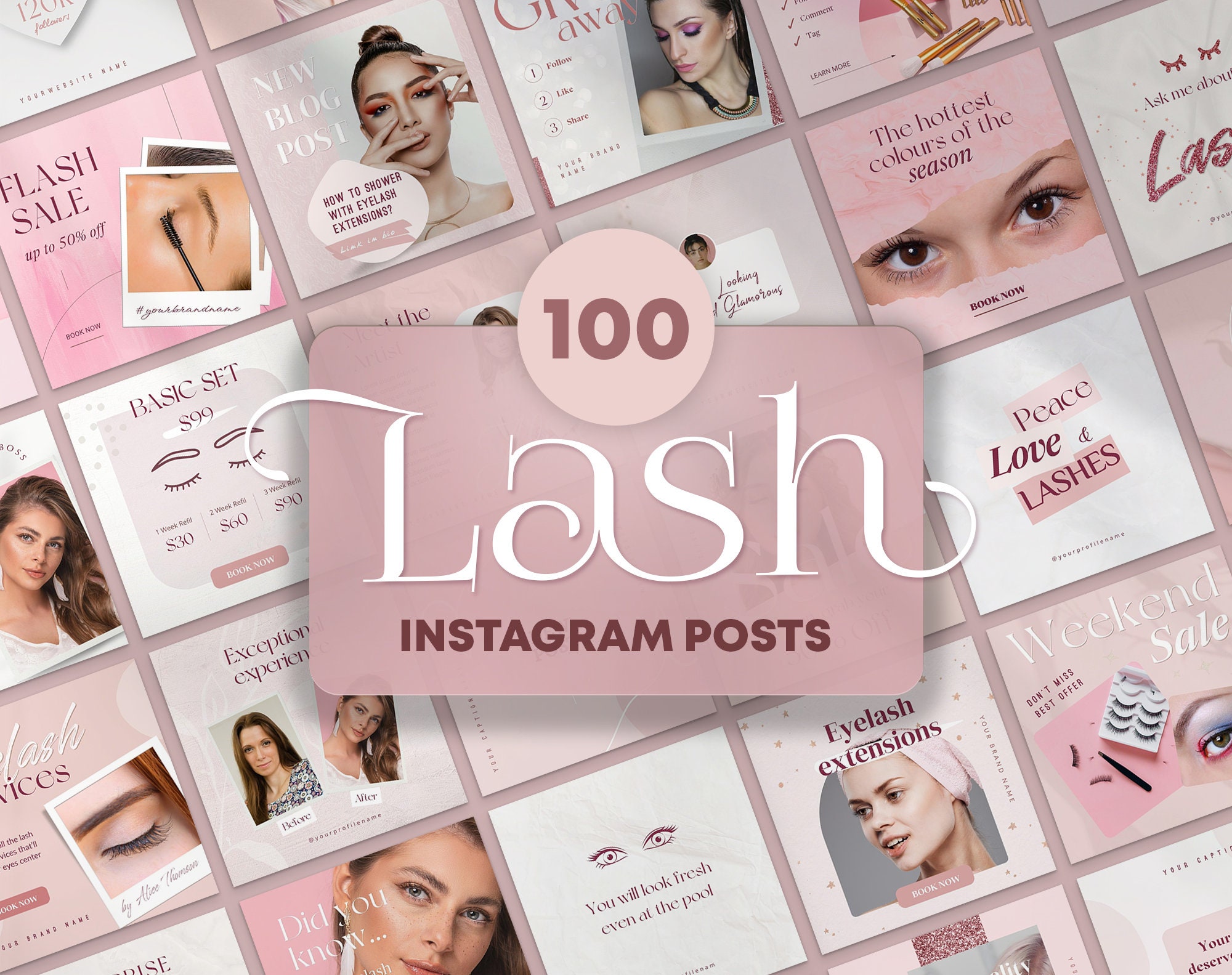 Pink Lash Extension Instagram Post Templates. Rose Gold Beauty Insta Social Media Feed. Makeup Dusty Canva Posts Eyelash Eyebrow Tech IG