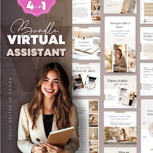 Puede incluir: Un collage de gráficos de redes sociales para un negocio de asistente virtual. Los gráficos presentan a una mujer trabajando en una computadora portátil, un reloj de arena y texto que dice "¡Delega como un jefe!" y "El tiempo no espera a nadie".
