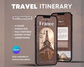 Mobile Travel Itinerary Template: 16-Page Canva Planner (Digital)