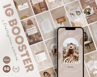 50 Instagram Story-Vorlagen, neutrale Farben, Canva bearbeitbar (digitaler Download)