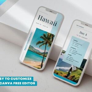 May include: A mobile phone screen displaying a travel itinerary for a trip to Hawaii. The itinerary includes a daily schedule for Day 4, August 13th, with activities like breakfast at a local cafe, exploring the city, and dinner at a restaurant. The phone is on a white surface.