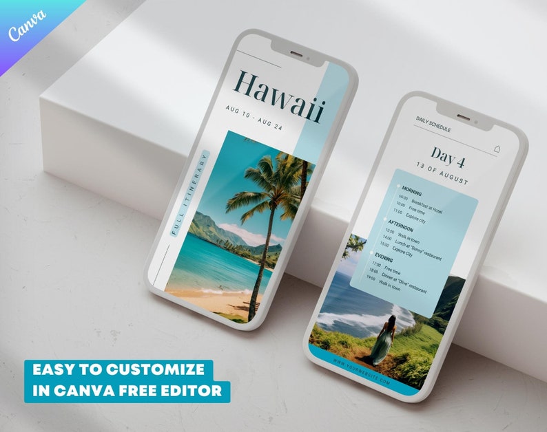 May include: A mobile phone screen displaying a travel itinerary for a trip to Hawaii. The itinerary includes a daily schedule for Day 4, August 13th, with activities like breakfast at a local cafe, exploring the city, and dinner at a restaurant. The phone is on a white surface.