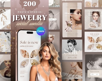 Puede incluir: Una colección de publicaciones y stories para redes sociales para negocios de joyería. Las imágenes presentan joyas, modelos que llevan joyas y superposiciones de texto como "Venta ahora" y "Descubre la nueva colección".
