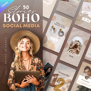 50 Instagram engagement stories IG templates. Social media booster for fashion and lifestyle bloggers. Aesthetic brand marketing Canva story